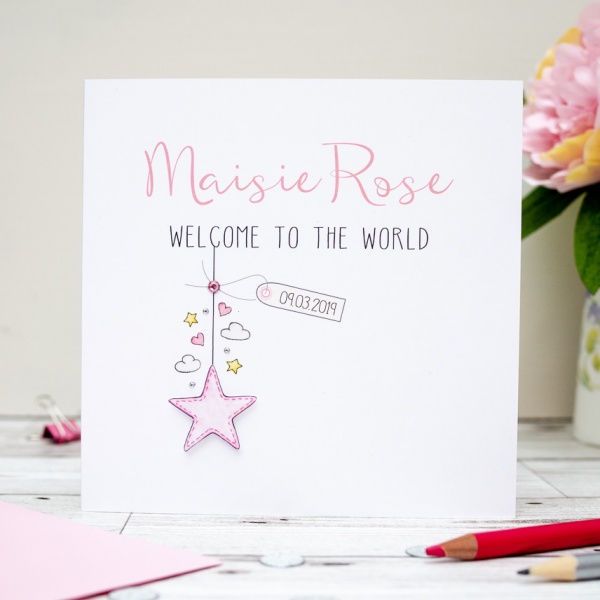 Handmade Personalised Baby Girl Card - Welcome to the World Card - Star